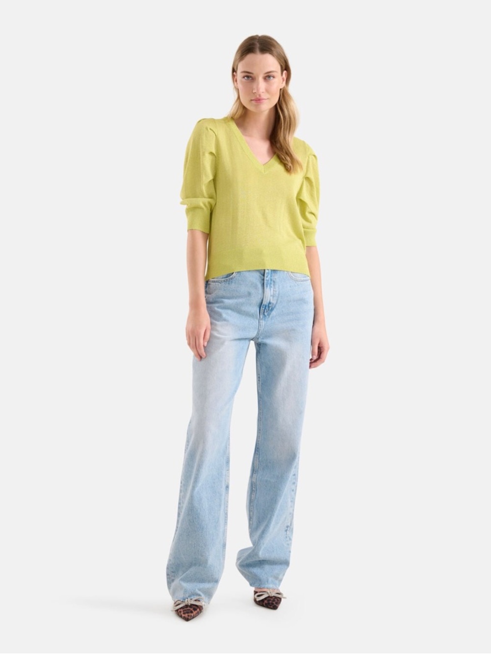Sparkle Green V-Neck Puff Sleeve Sweater - Picture 7 of 7